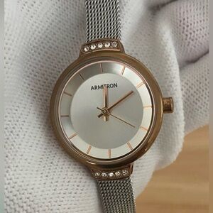 Armitron Ladies Rose Gold Case Watch Silver Mesh Strap Stone Accents Adjustable